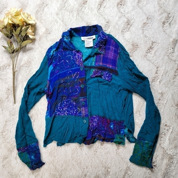 Vintage CM Shapes Turquoise Blue Green Patchwork Button Up Blouse Size 6 - Picture 1 of 8
